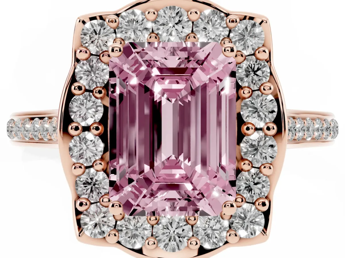Fancy Pink Emerald Cut Halo Round Diamond Pave Band with Four-Prong Setting Rose gold