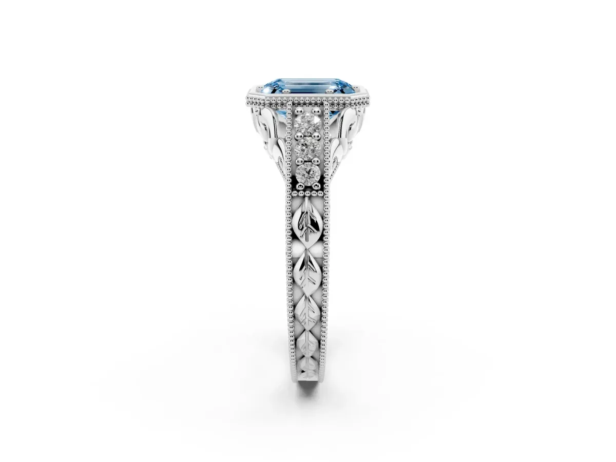 Fancy Blue Bezel Set Emerald Cut Diamond Milgrain Pave Engagement Ring Platinum