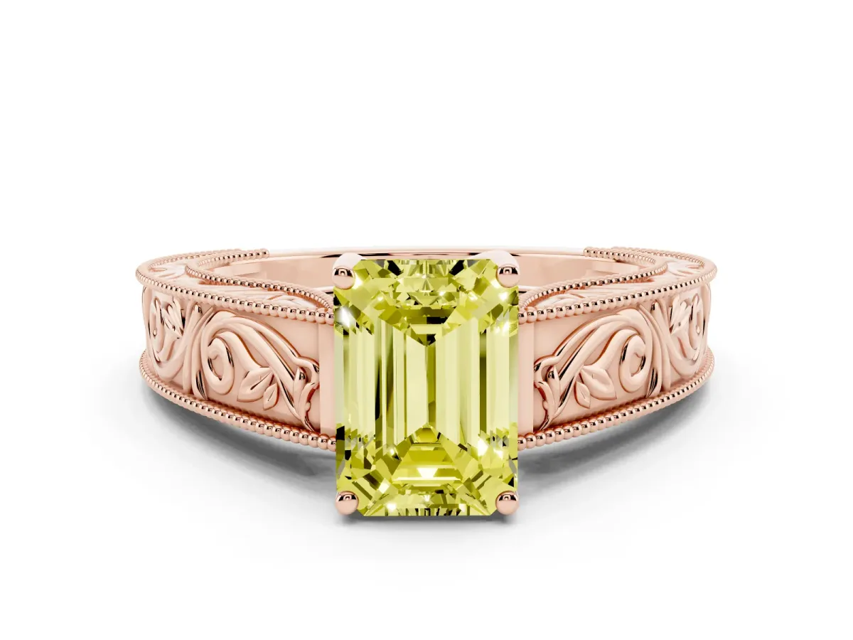 Fancy Yellow Emerald Cut Diamond Solitaire Ring with Engraved Band and Four-Prong Setting Rose gold