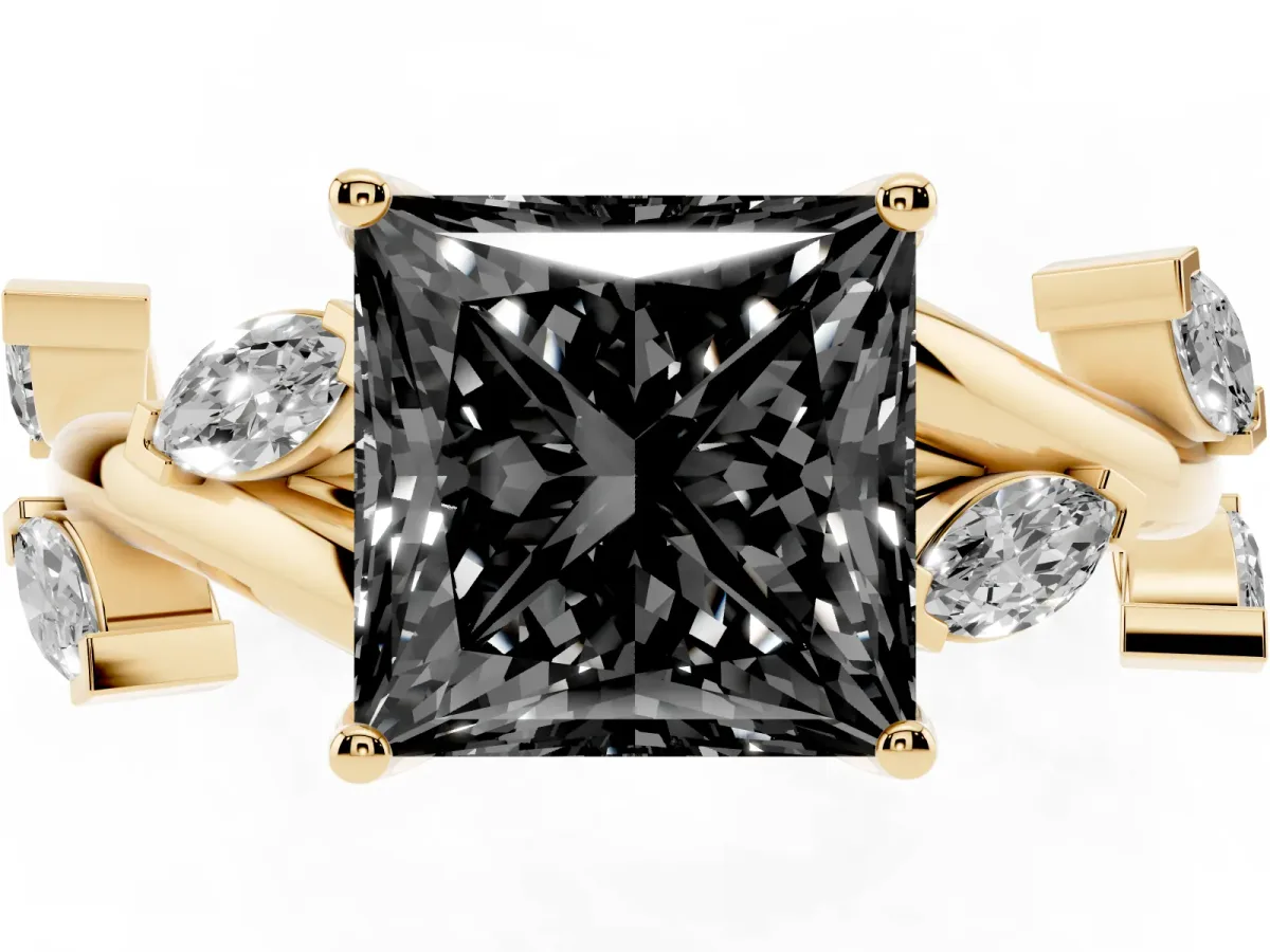 Fancy Black Princess Cut Solitaire Twisted Band Marquise Accent Prong Setting Ring Yellow gold