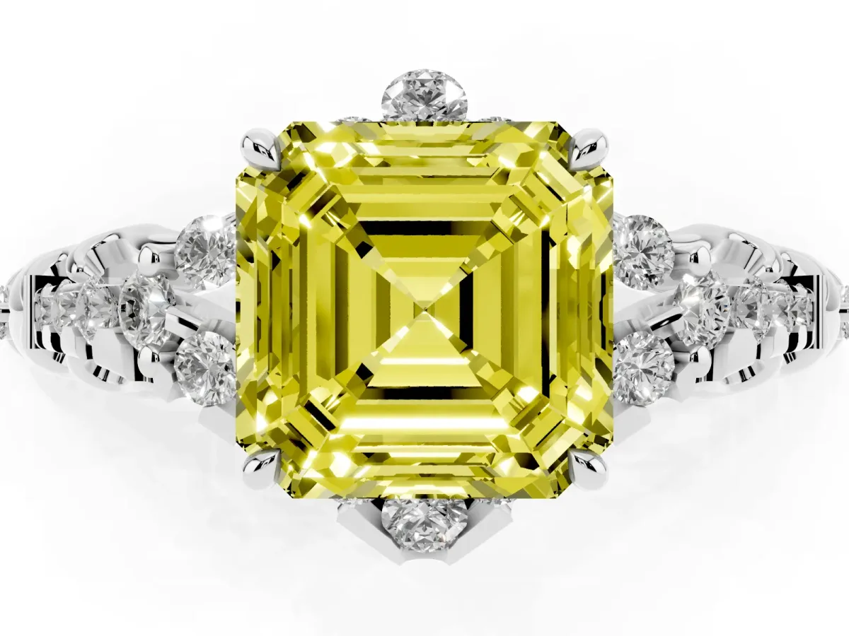 Fancy Yellow Asscher Cut Diamond Solitaire Ring with Hidden Halo and Pavé Band Platinum