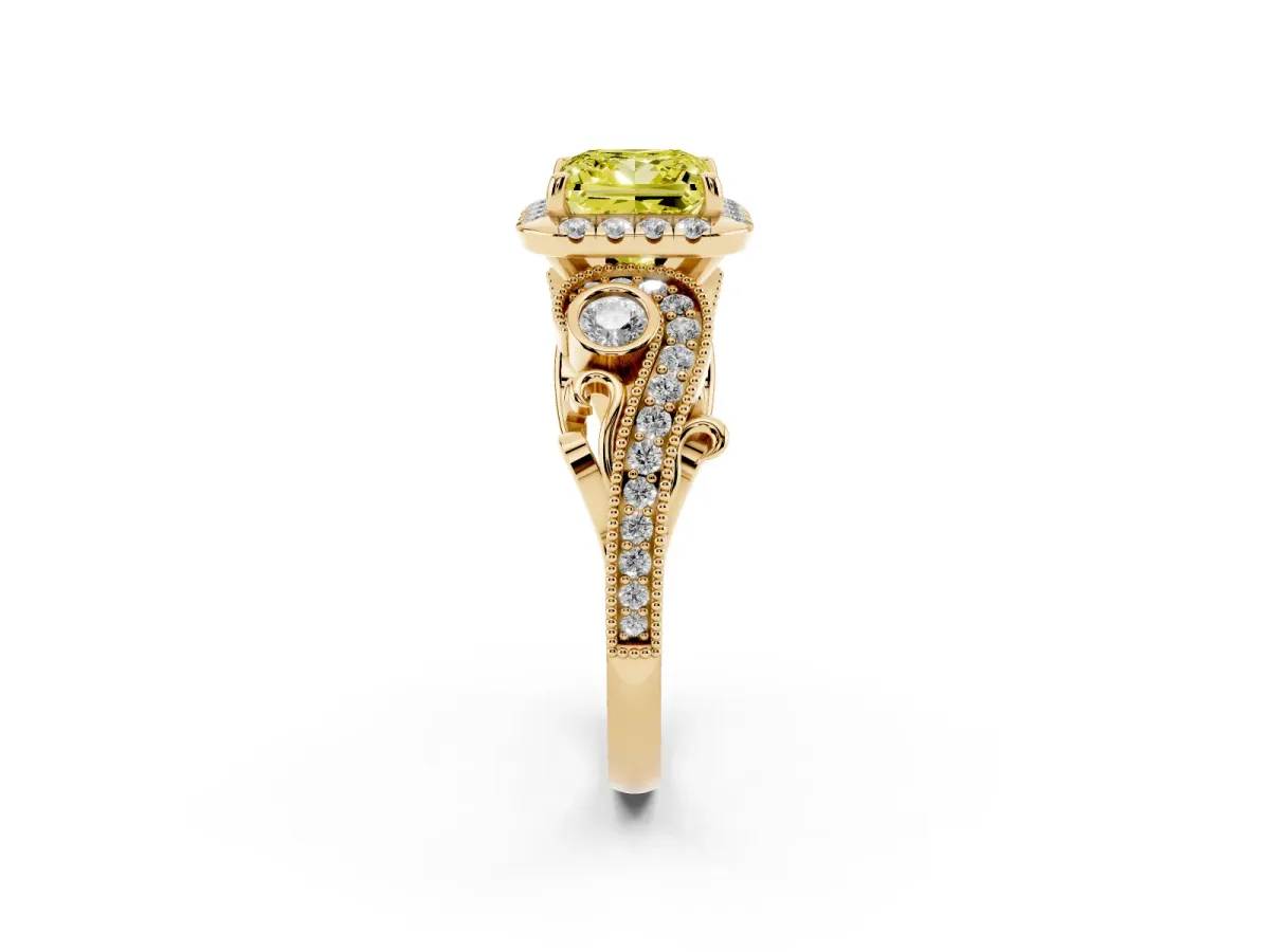 Fancy Yellow Princess Cut Diamond Halo Ring with Milgrain Pavé Band and Four-Prong Setting Yellow gold