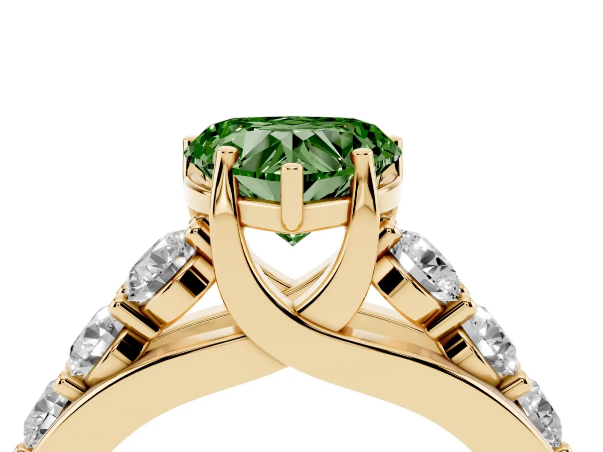 Fancy Green Heart Cut Diamond Engagement Ring with Pavé Band and Four-Prong Setting Yellow gold