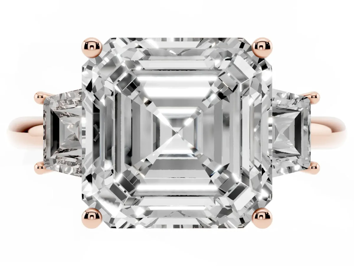Asscher Cut Diamond Three-Stone Ring with Trapezoid Side Stones and Prong Setting Rose gold