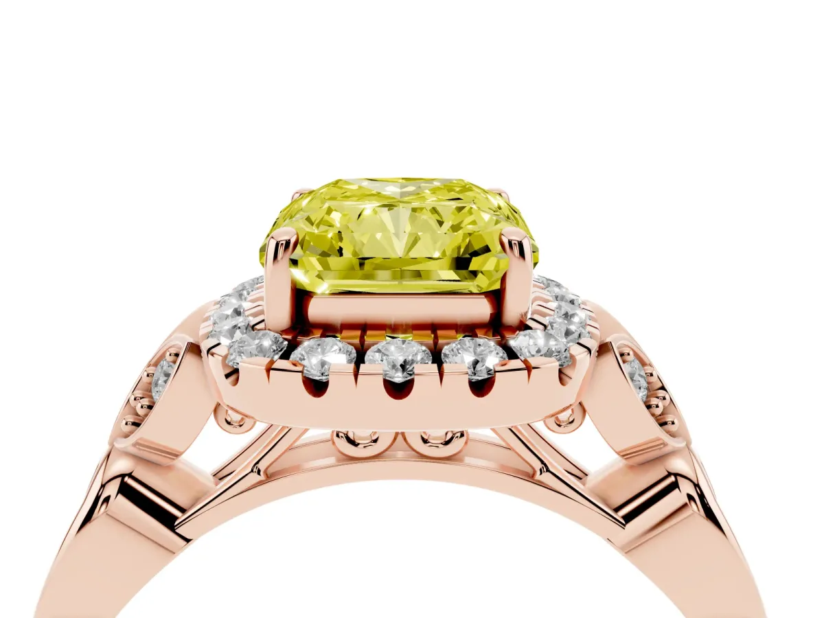 Fancy Yellow Radiant Cut Halo Diamond Engagement Ring with Vintage-Inspired Band and Four-Prong Setting Rose gold