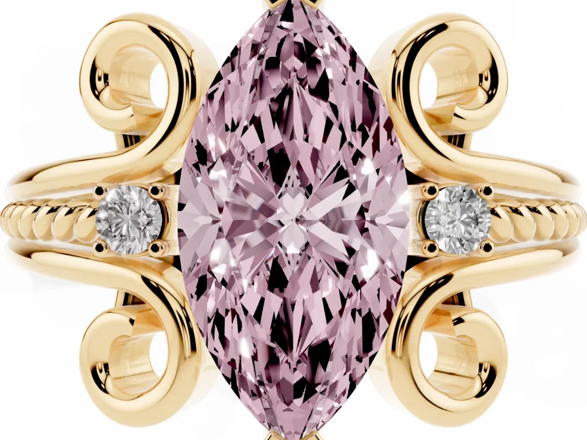 Fancy Pink Marquise Cut Solitaire Twisted Band Scroll Prong Ring Yellow gold
