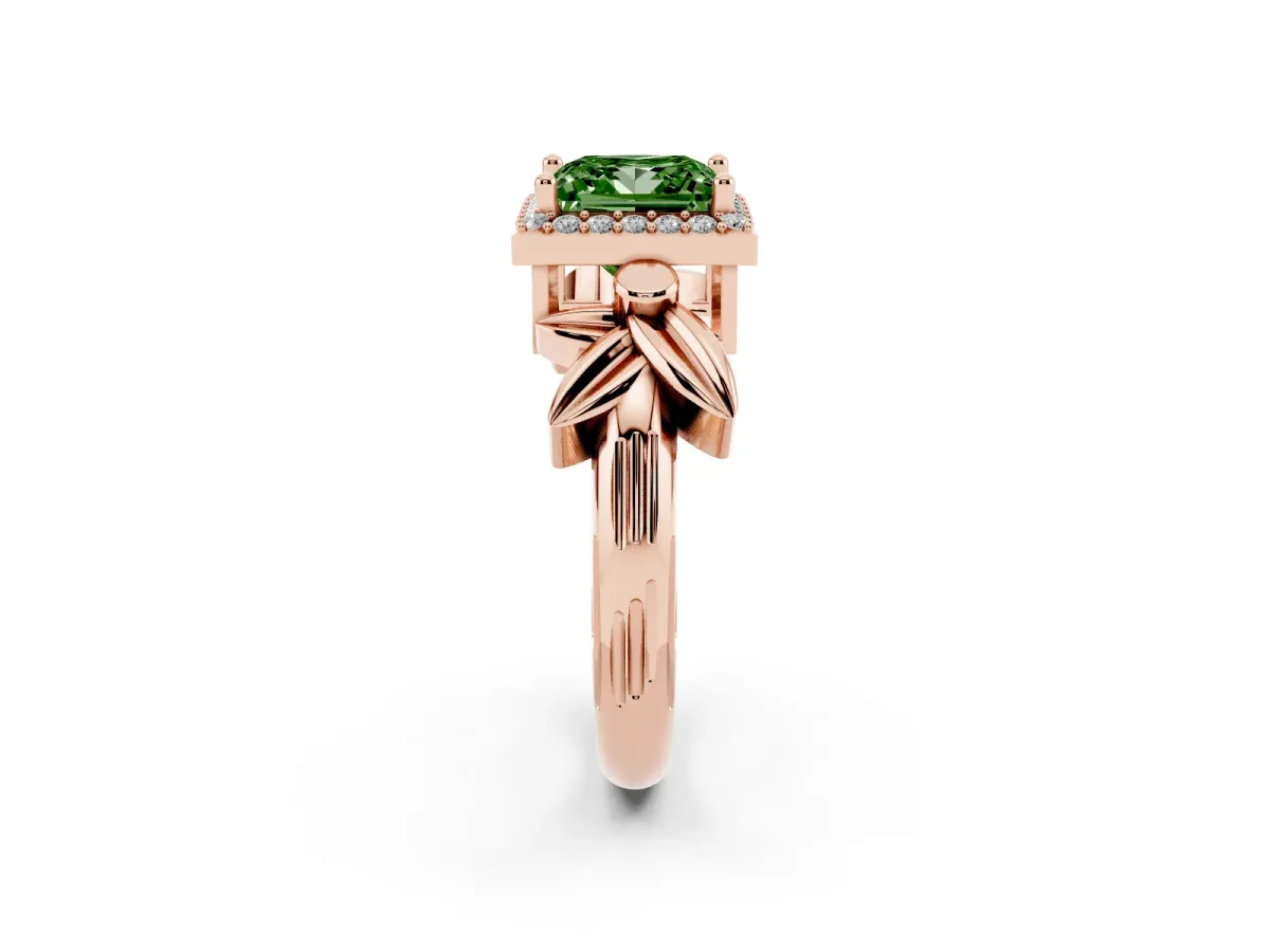 Fancy Green Princess Cut Halo Diamond Floral Band with Four-Prong Setting Rose gold