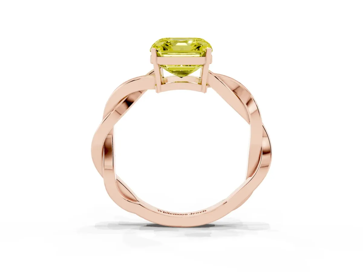 Fancy Yellow Asscher Cut Solitaire Twisted Pave Diamond Ring with Four-Prong Setting Rose gold