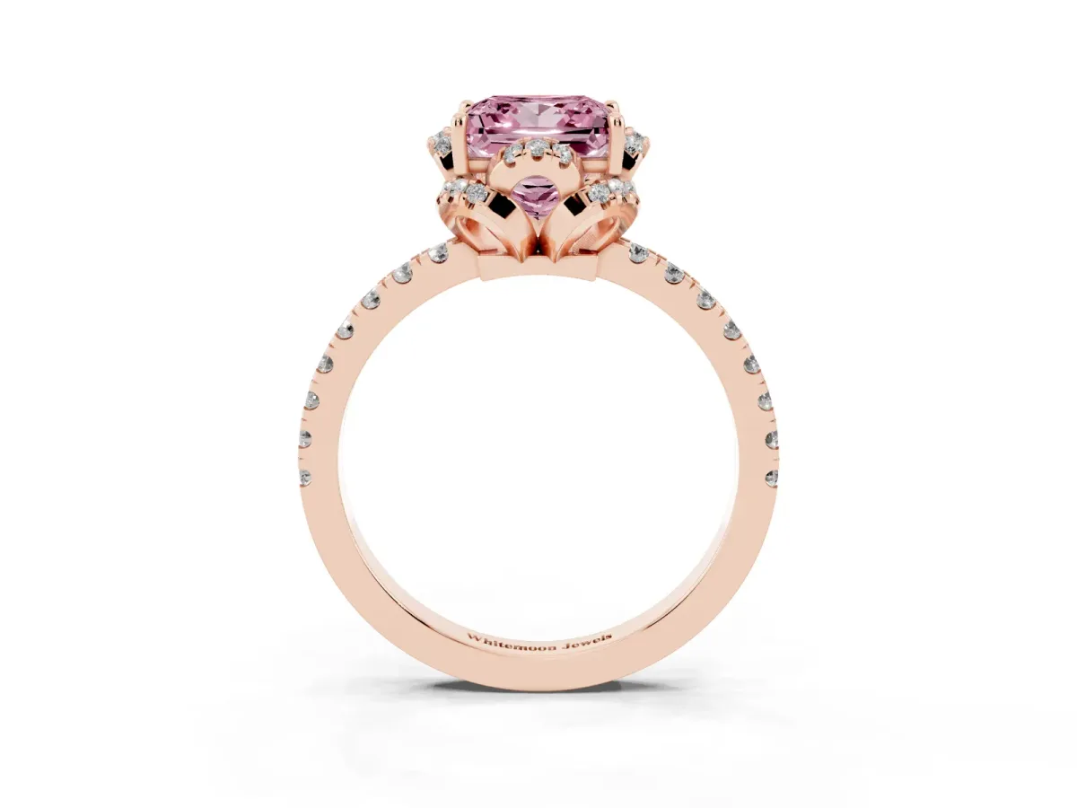 Fancy Pink Princess Cut Diamond Halo Pave Band with Four-Prong Setting Rose gold