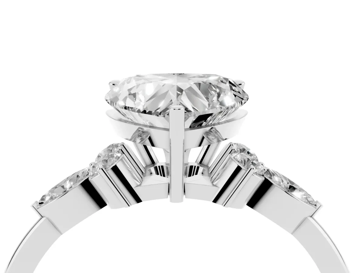 Heart Cut Brilliant Diamond Solitaire Ring with Pear Side Stones and Four-Prong Setting Platinum