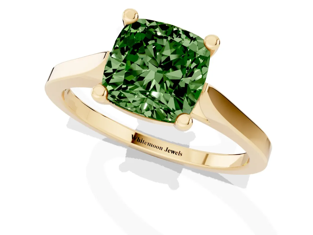 Fancy Green Cushion Cut Solitaire Diamond Ring with Four-Prong Setting and Tapered Band Yellow gold