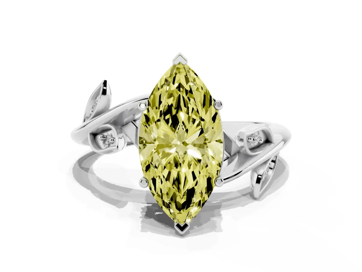 Fancy Yellow Marquise Cut Solitaire Twist Engagement Ring with Leaf Accents and Prong Setting Silver