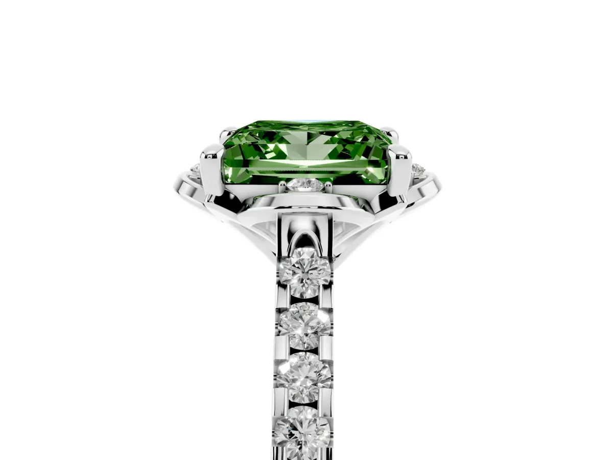 Fancy Green Princess Cut Diamond Ring with Pavé Band and Floral Prong Setting White gold