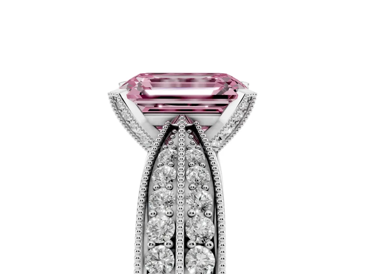 Fancy Pink Emerald Cut Diamond Solitaire Ring with Milgrain Round Pavé Band and Prong Setting Silver
