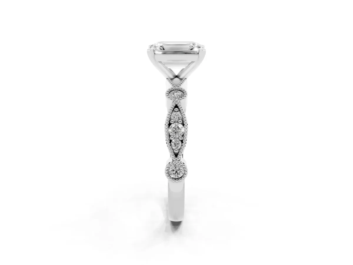 Emerald Cut Milgrain Bezel Diamond Engagement Ring with Solitaire Prong Setting Silver