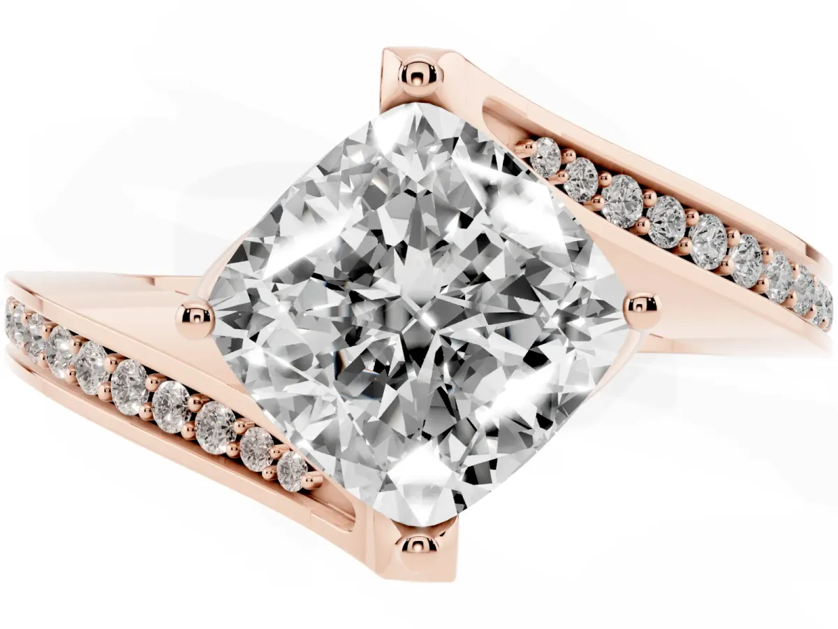 Cushion Cut Solitaire Diamond Twist Band with Pavé Setting and Four-Prong Setting Rose gold
