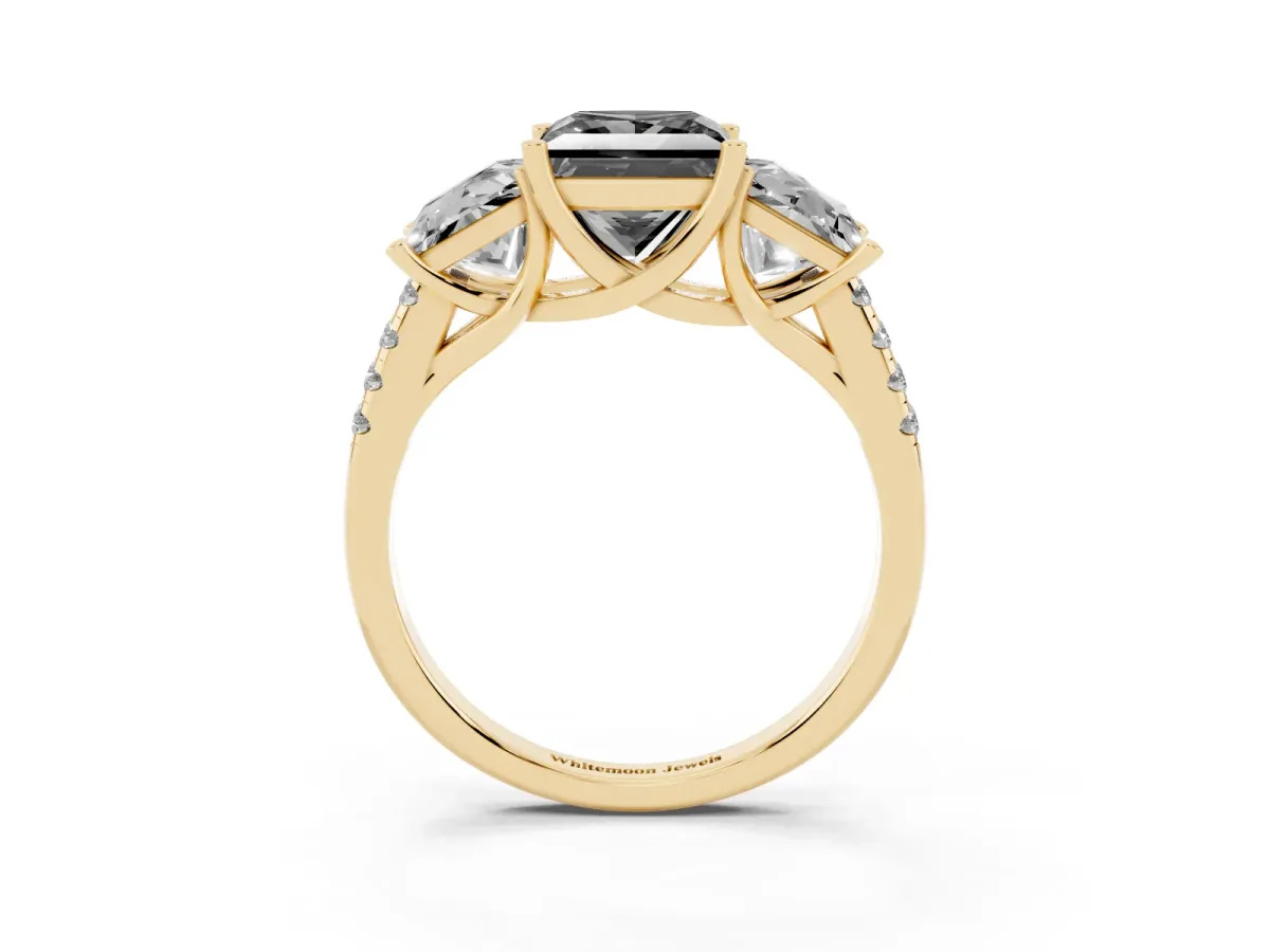 Fancy Black Three-Stone Princess Cut Diamond Ring with Round Pavé Band and Prong Setting Yellow gold