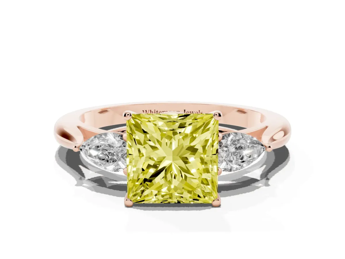 Fancy Yellow Three-Stone Princess Cut Diamond Ring with Pear Side Stones in Four-Prong Setting Rose gold