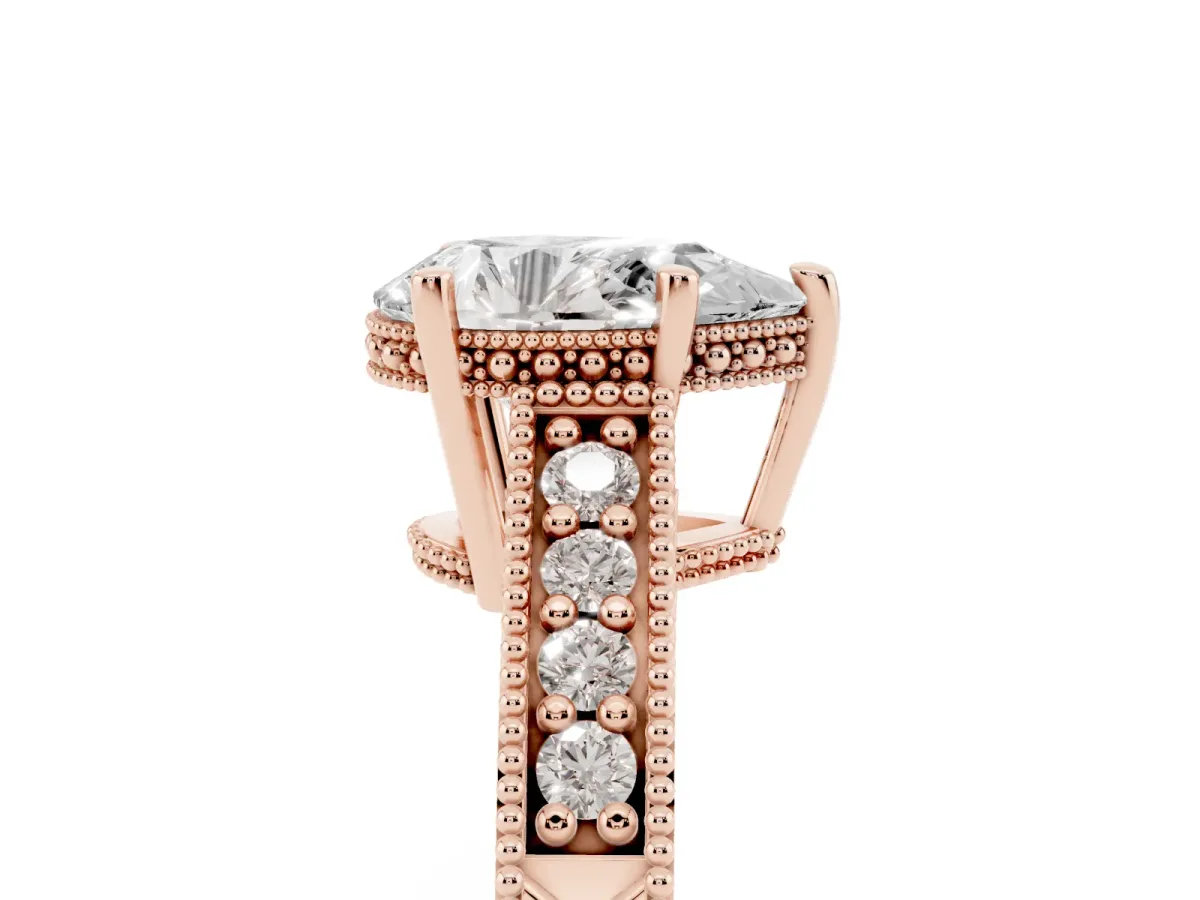 Pear Cut Solitaire Pavé Diamond Milgrain Engagement Ring with Four-Prong Setting Rose gold