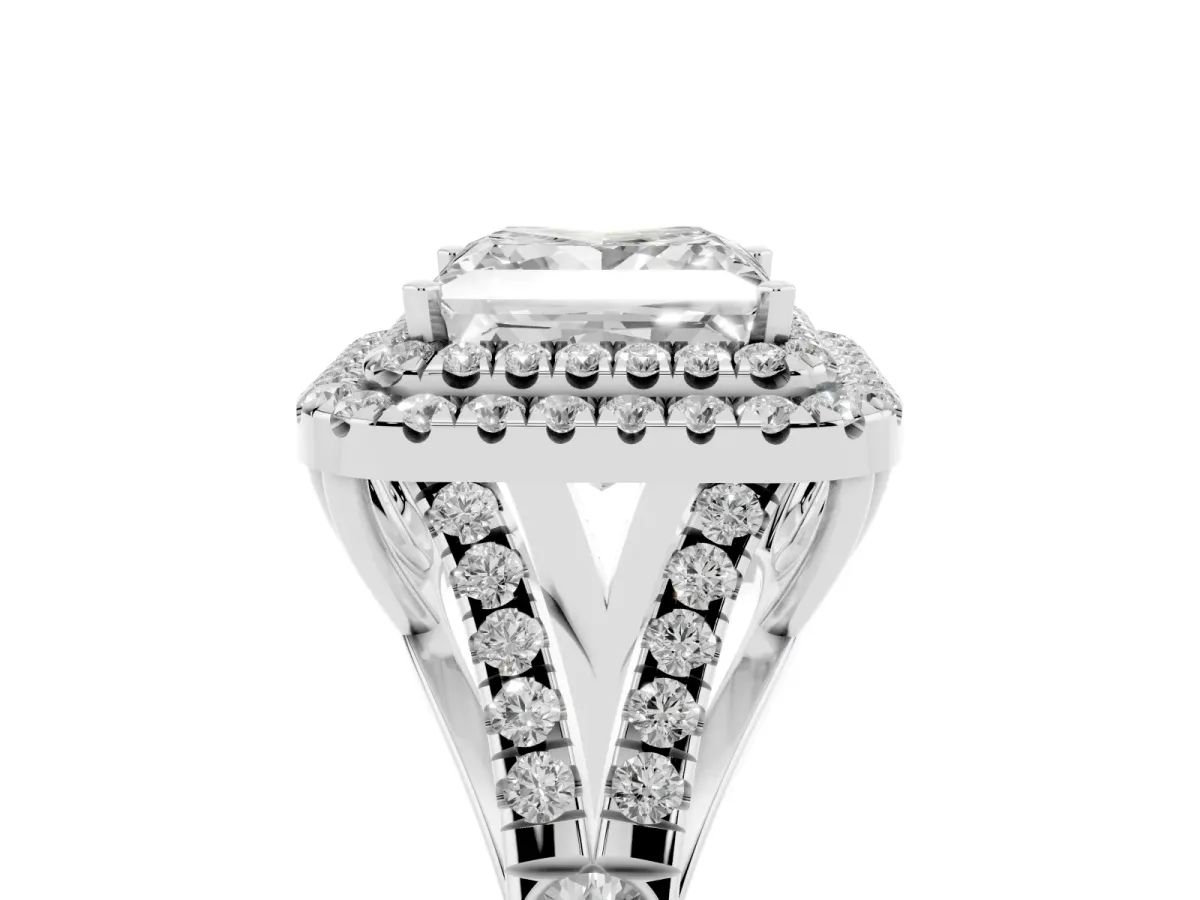 Princess Cut Cut Double Halo Split Shank Diamond Ring with Prong Setting Silver