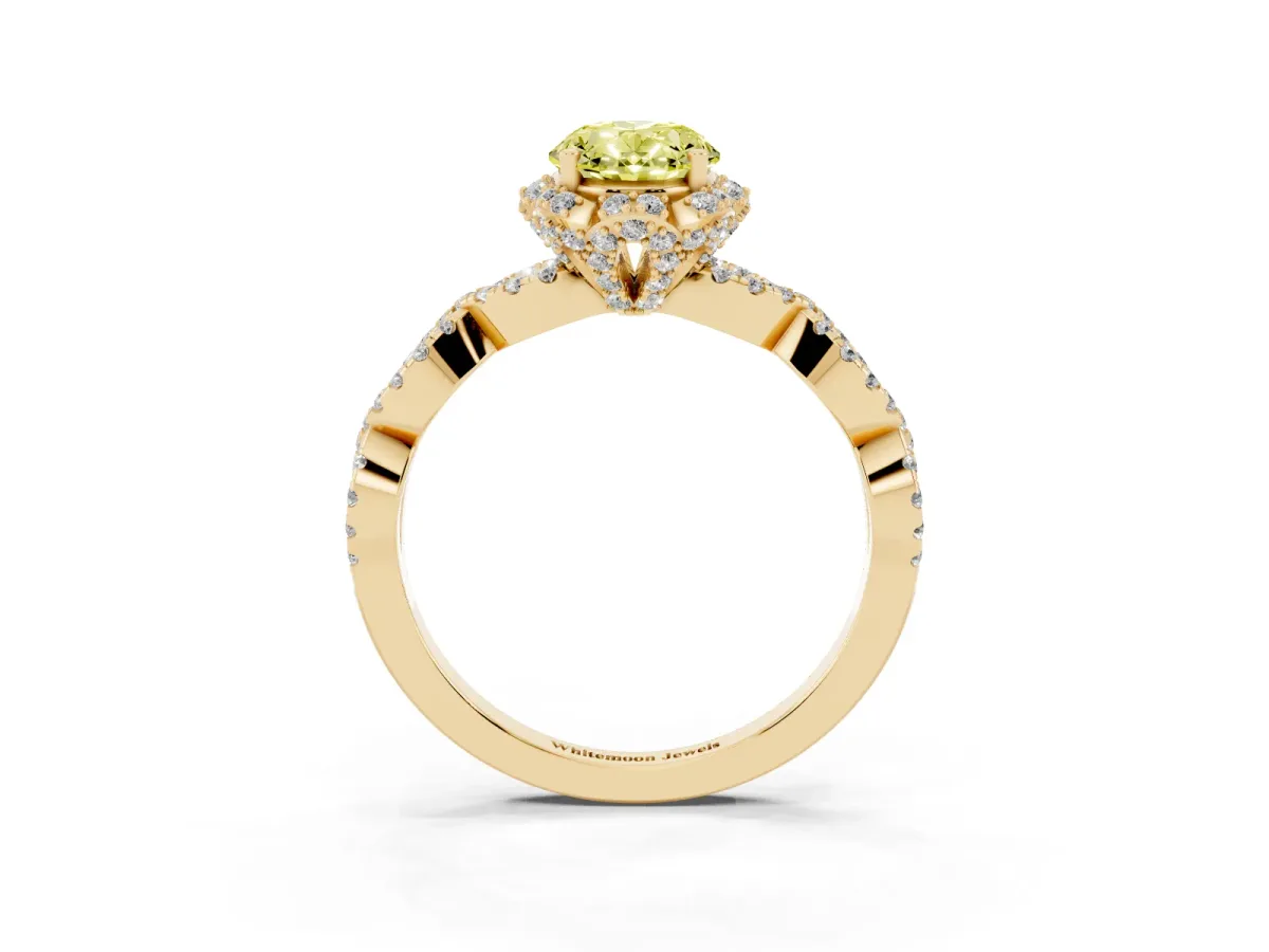 Fancy Yellow Oval Cut Halo Twist Band Solitaire Ring with Six-Prong Setting Yellow gold