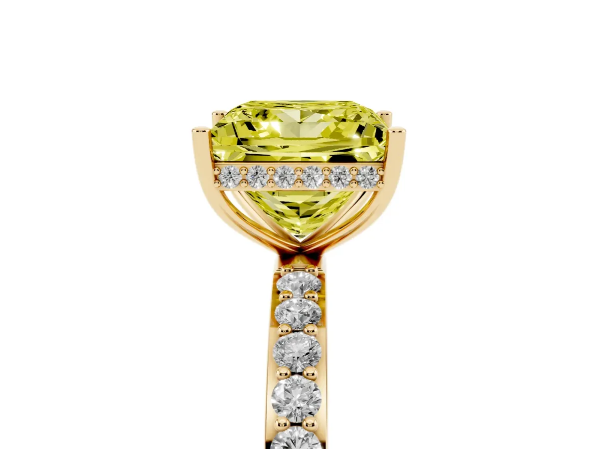 Fancy Yellow Princess Cut Diamond Solitaire Ring with Pavé Band and Hidden Halo Yellow gold