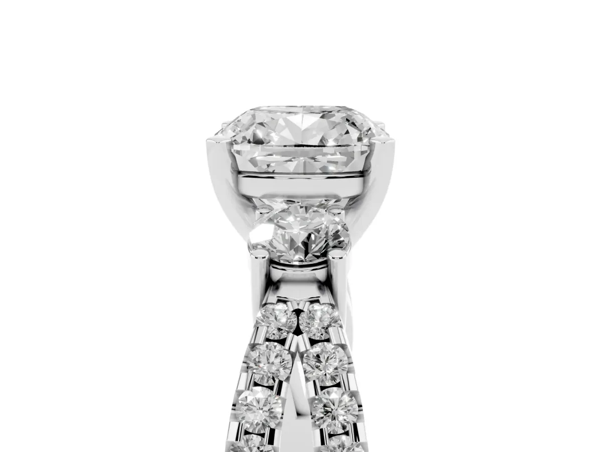 Cushion Cut Diamond Three-Stone Ring with Pavé Split Shank and Four-Prong Setting Silver