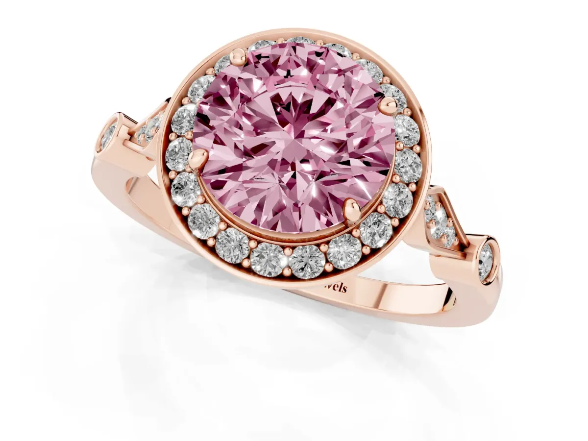 Fancy Pink Round Cut Halo Diamond Engagement Ring with Twisted Band and Four-Prong Setting Rose gold