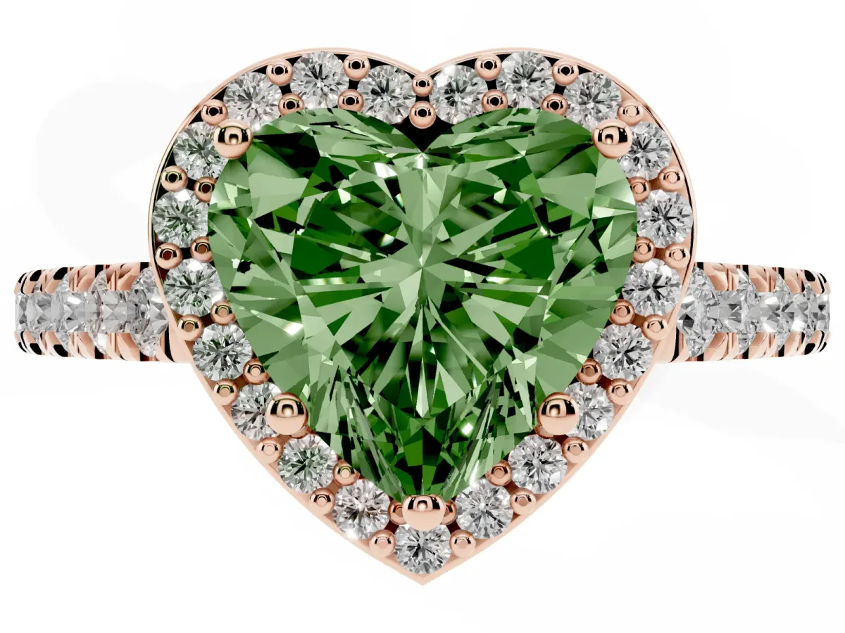 Fancy Green Heart Cut Cut Halo Diamond Engagement Ring with Pave Band and Four-Prong Setting Rose gold