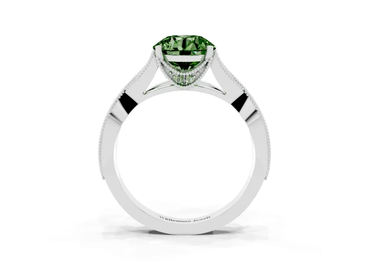 Fancy Green Round Cut Cut Diamond Twisted Band with Milgrain Pave Setting and Four-Prong Setting Silver