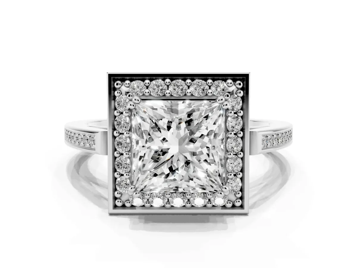 Princess Cut Diamond Halo Ring with Split Shank and Four-Prong Setting White gold