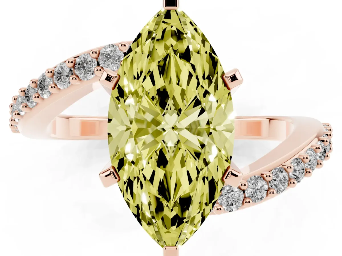 Fancy Yellow Marquise Cut Solitaire Twist Band with Pave Set Diamonds and Four-Prong Setting Rose gold