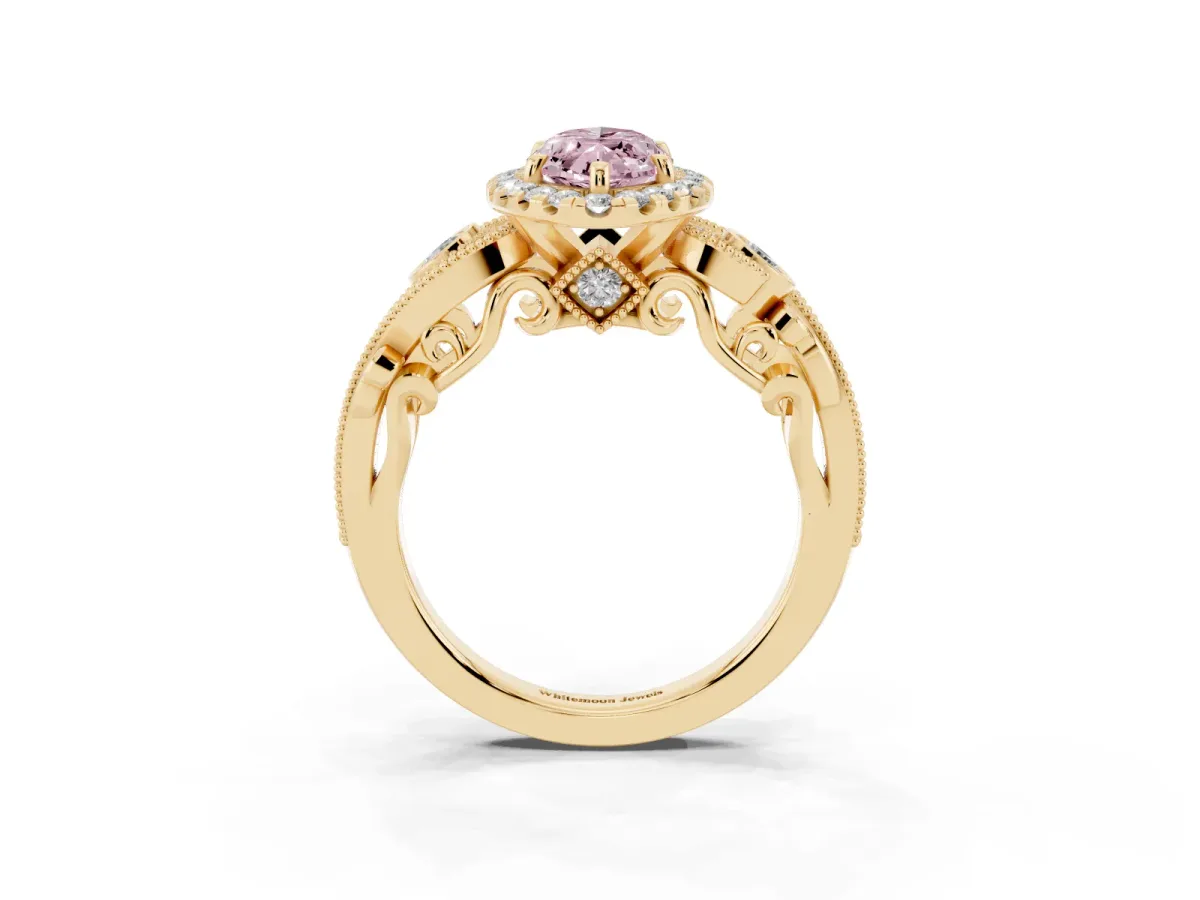 Fancy Pink Marquise Cut Diamond Halo Ring with Milgrain Pavé Band and Four-Prong Setting Yellow gold