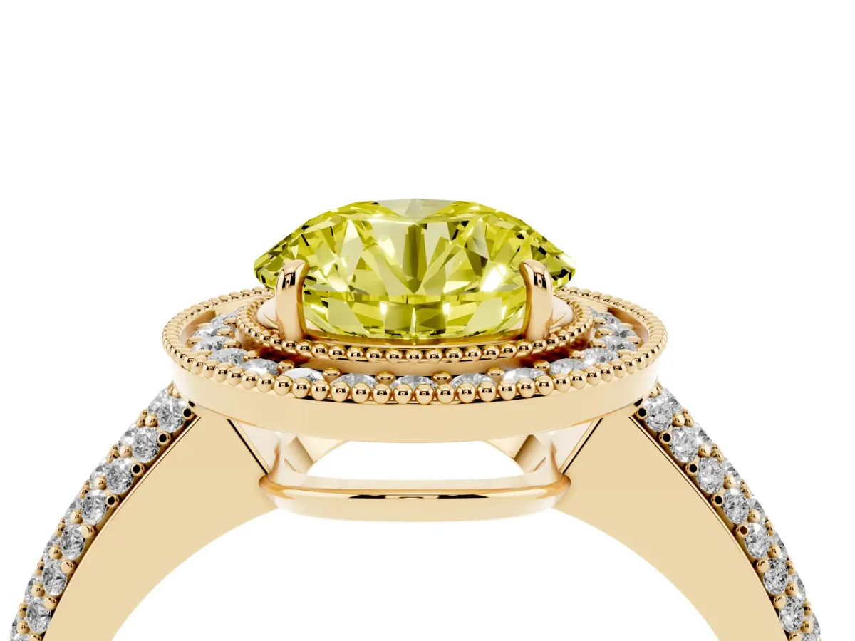 Fancy Yellow Round Cut Cut Halo Diamond Pave Band with Four-Prong Setting Yellow gold