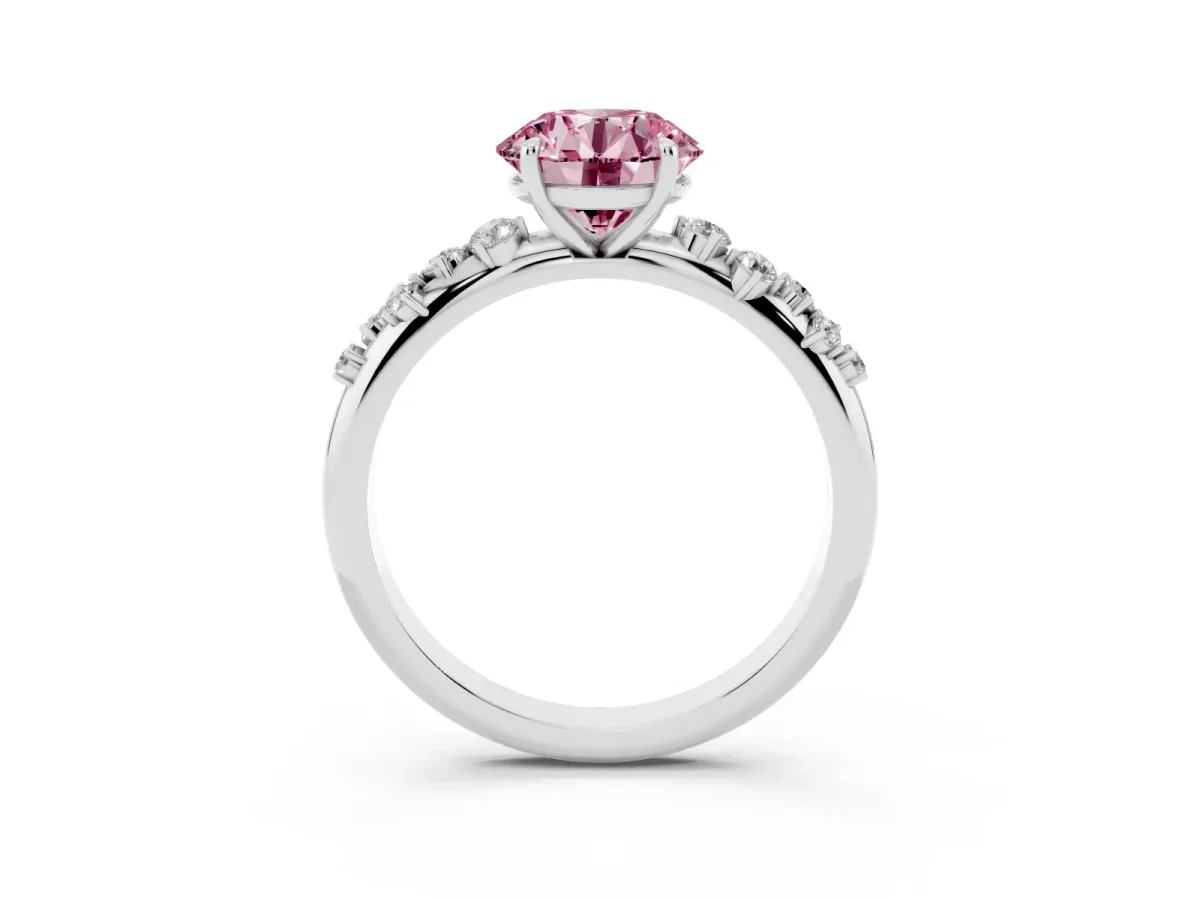 Fancy Pink Round Cut Diamond Cluster Prong-Set Solitaire Ring Silver
