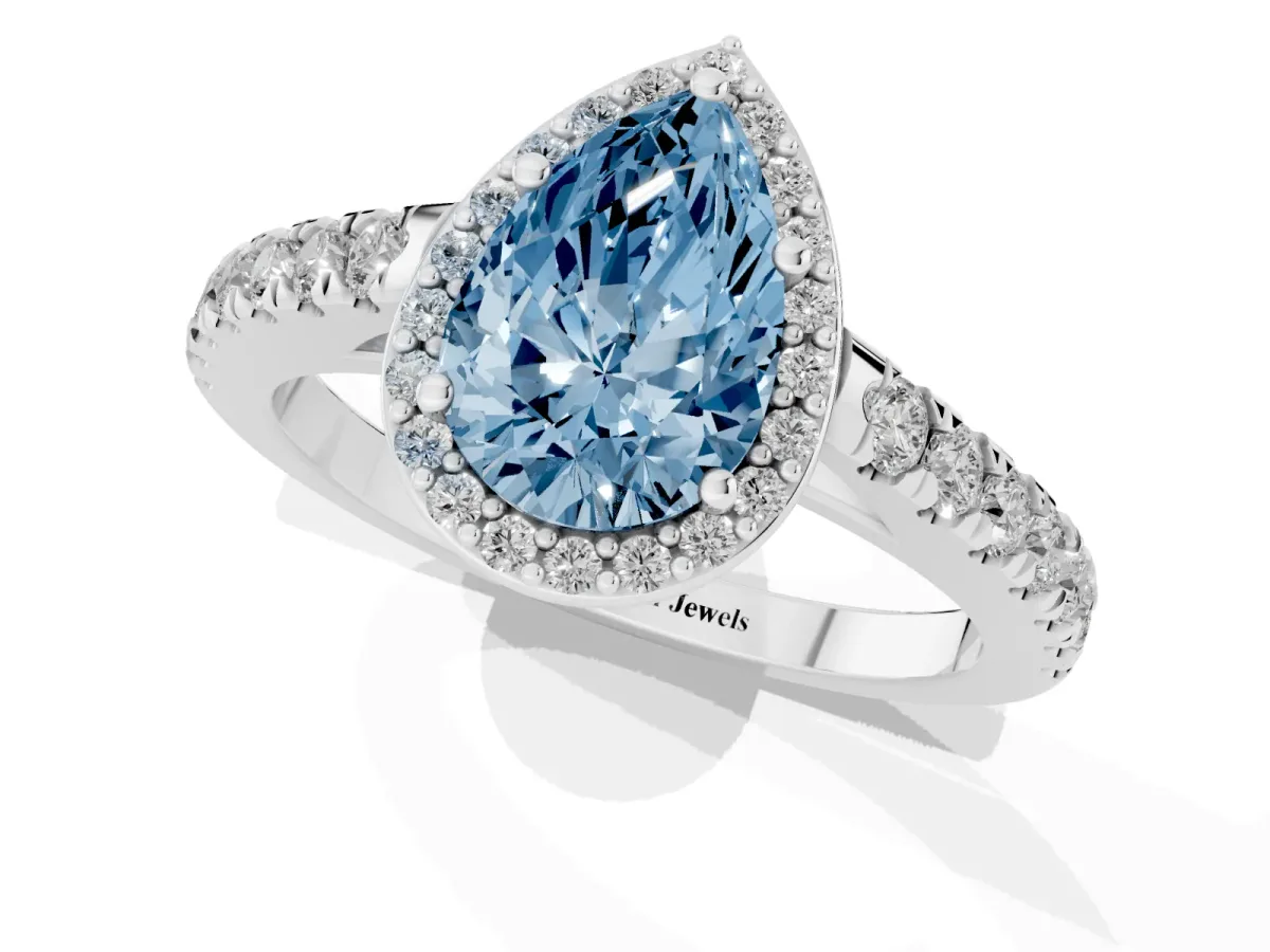 Fancy Blue Pear Cut Cut Halo Diamond Engagement Ring with Pave Band and Four-Prong Setting Platinum