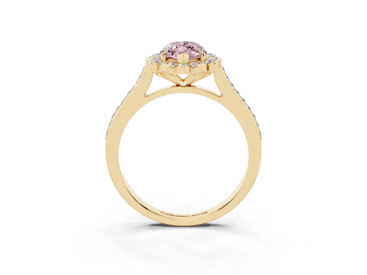 Fancy Pink Marquise Cut Halo Round Diamond Pave Band with Four-Prong Setting Yellow gold