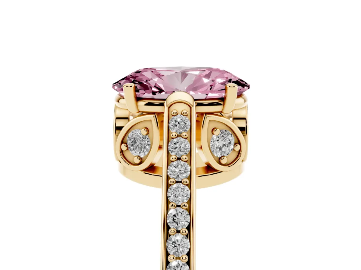 Fancy Pink Oval Cut Cut Cathedral Pave Diamond Engagement Ring with Six-Prong Setting Yellow gold