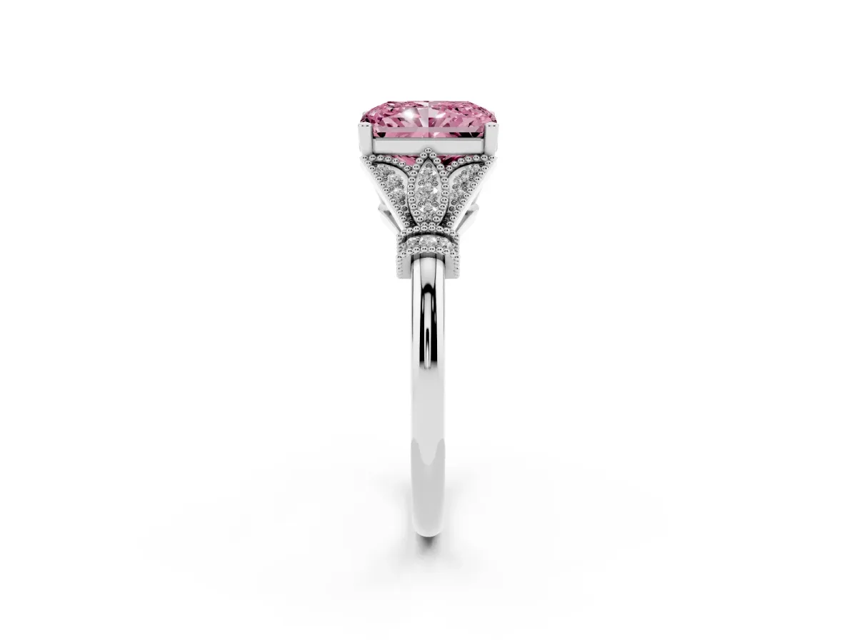 Fancy Pink Radiant Cut Diamond Solitaire Ring with Floral Filigree and Pave Accents White gold