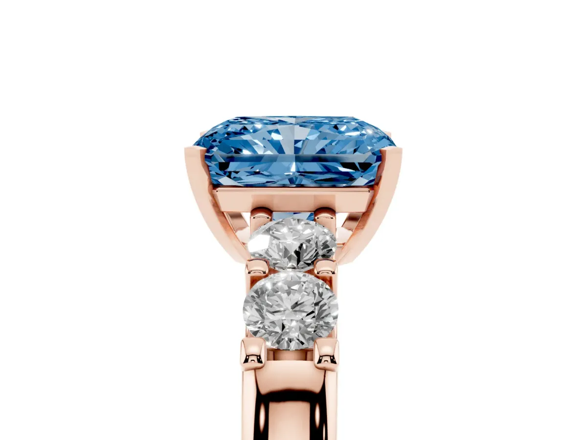 Fancy Blue Radiant Cut Brilliant Cut Diamond Five-Stone Prong Set Engagement Ring with Channel Band Rose gold