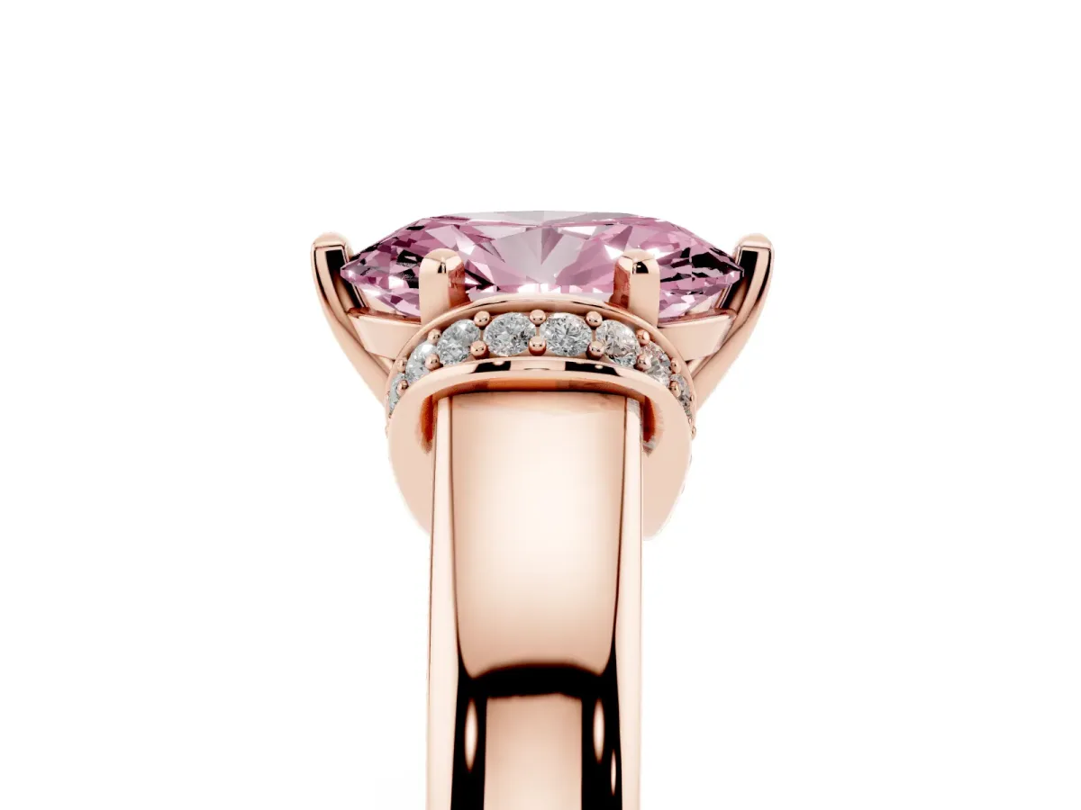 Fancy Pink Oval Cut Solitaire Diamond Ring with Pave Band and Six-Prong Setting Rose gold