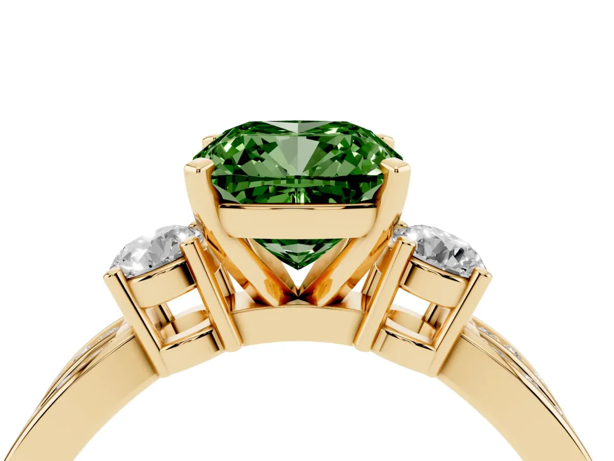 Fancy Green Three-Stone Cushion Cut Cut Diamond Twist Band with Prong Setting Yellow gold