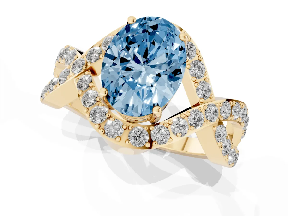 Fancy Blue Oval Cut Solitaire Twist Band Pavé Diamond Engagement Ring Yellow gold