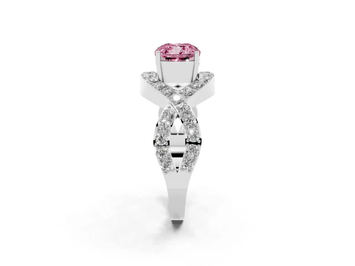 Fancy Pink Cushion Cut Solitaire Twist Band Pavé Diamond Engagement Ring Silver