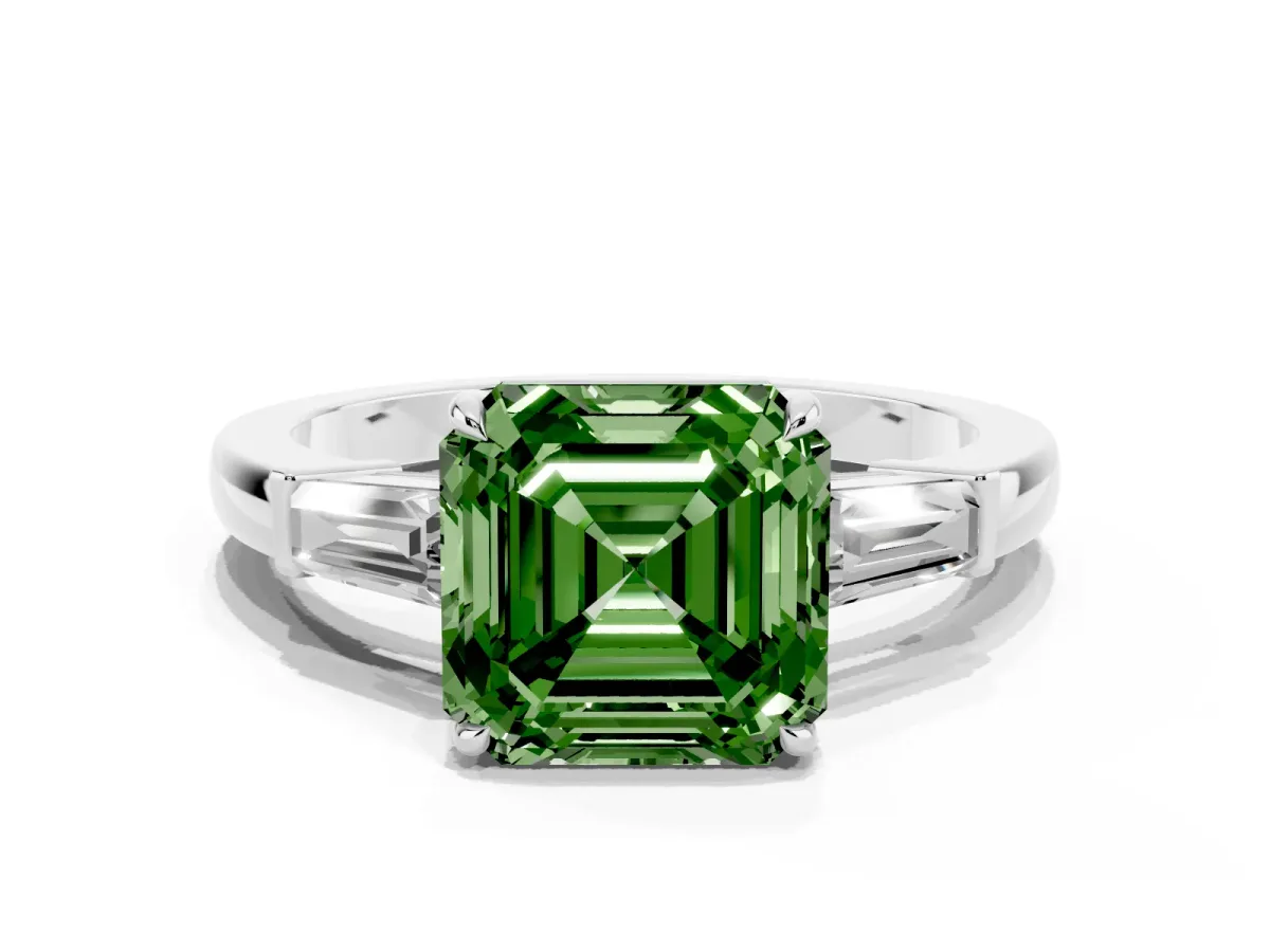 Fancy Green Asscher Cut Diamond Three-Stone Ring with Tapered Baguette Side Stones and Prong Setting Silver
