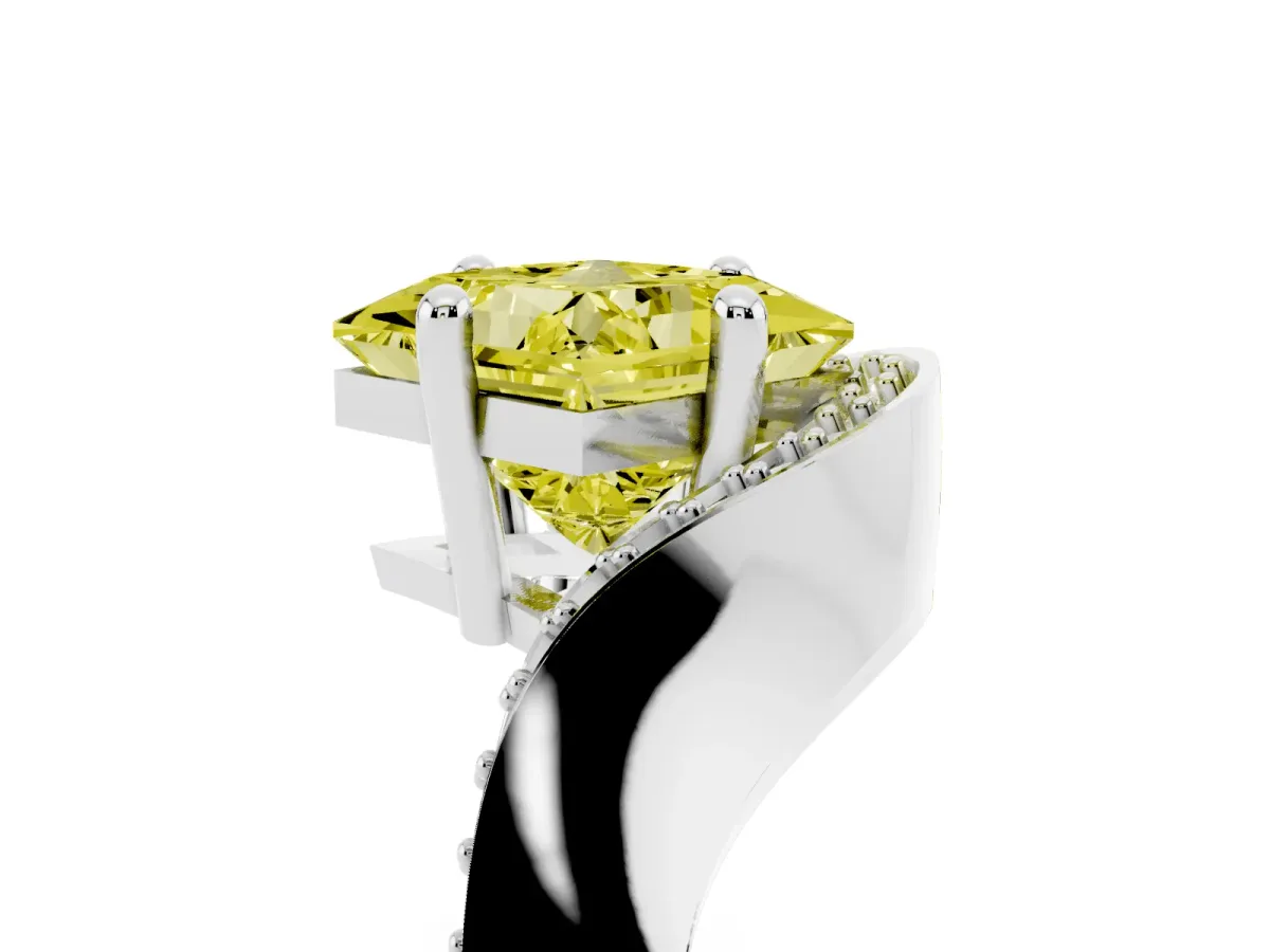 Fancy Yellow Princess Cut Solitaire Diamond Engagement Ring with Pave Band and Four-Prong Setting Silver