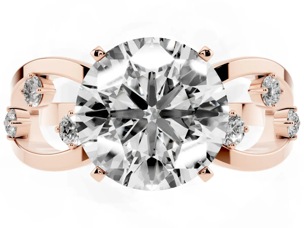 Round Cut Cut Solitaire Diamond with Side Stones on Criss-Cross Band and Four-Prong Setting Rose gold