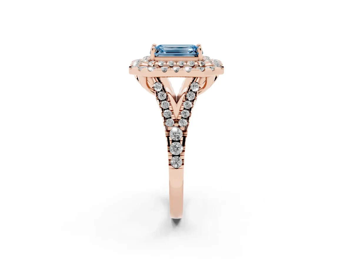 Fancy Blue Double Halo Emerald Cut Diamond Pavé Split Shank Ring with Prong Setting Rose gold