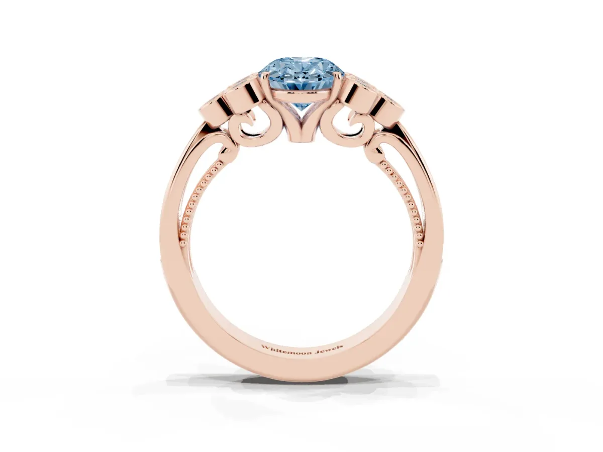 Fancy Blue Oval Cut Cut Diamond Engagement Ring with Bezel Set Round Side Stones and Prong Setting Rose gold