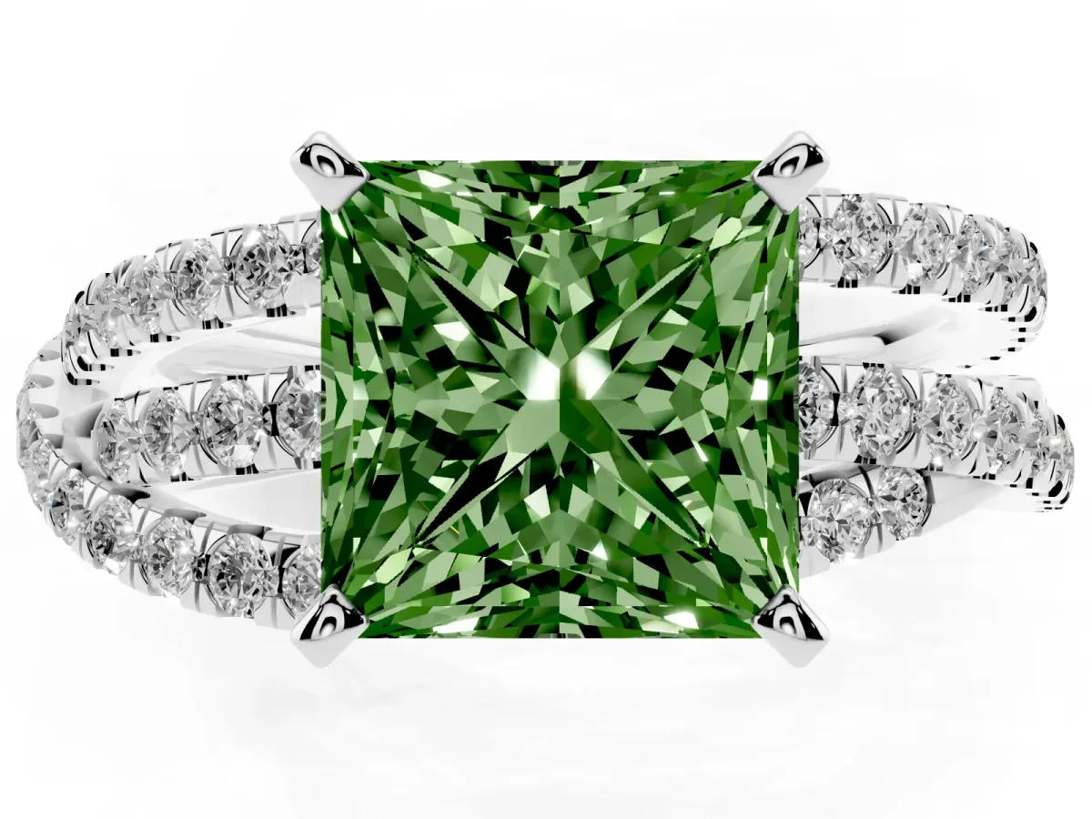 Fancy Green Princess Cut Solitaire Twist Band with Pavé Setting and Four-Prong Setting Silver